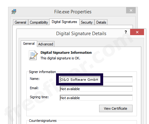 Screenshot of the O&O Software GmbH certificate